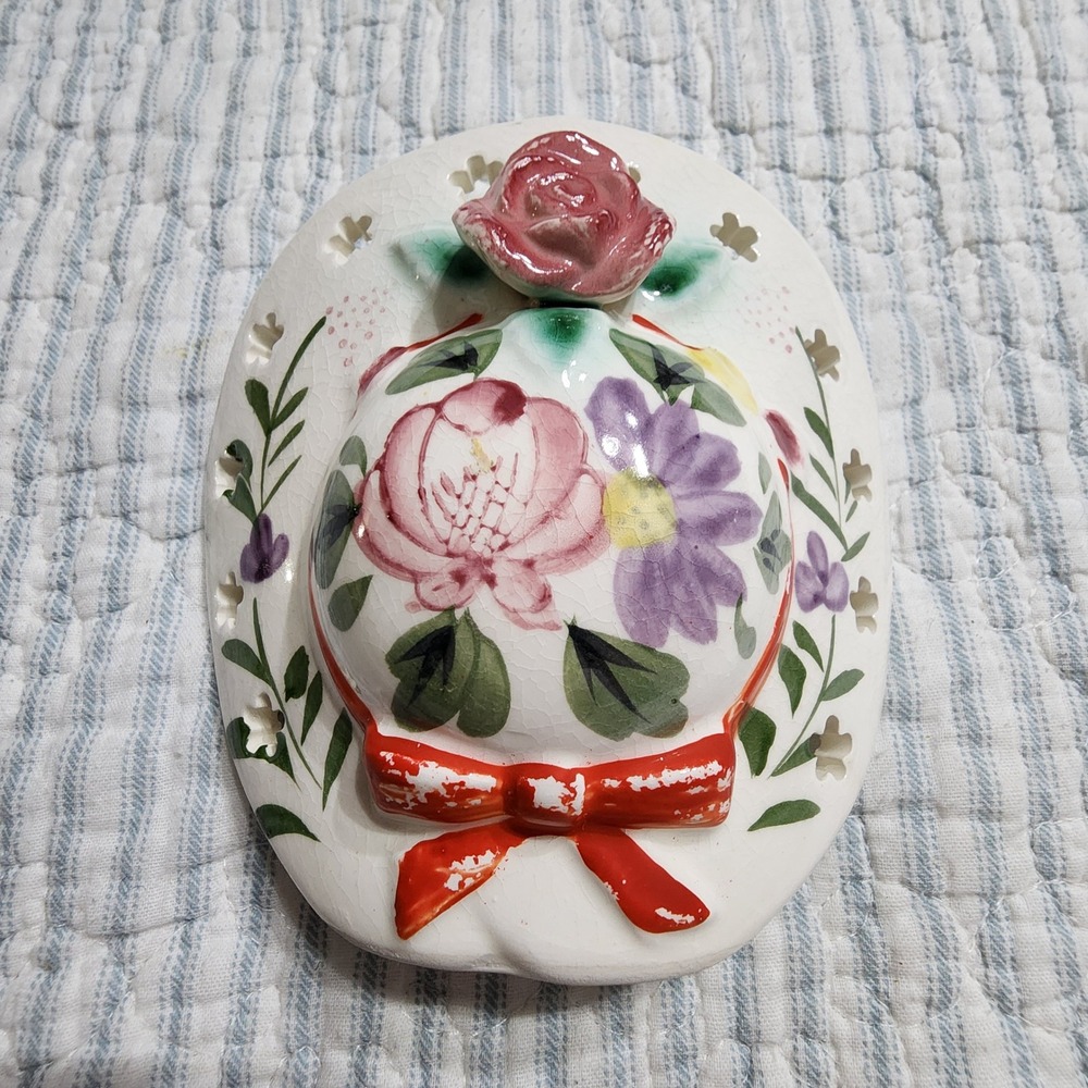 Vintage Ceramic Wall Pocket Vase Sun Hat Floral Hand Painted Japan Cottagecore